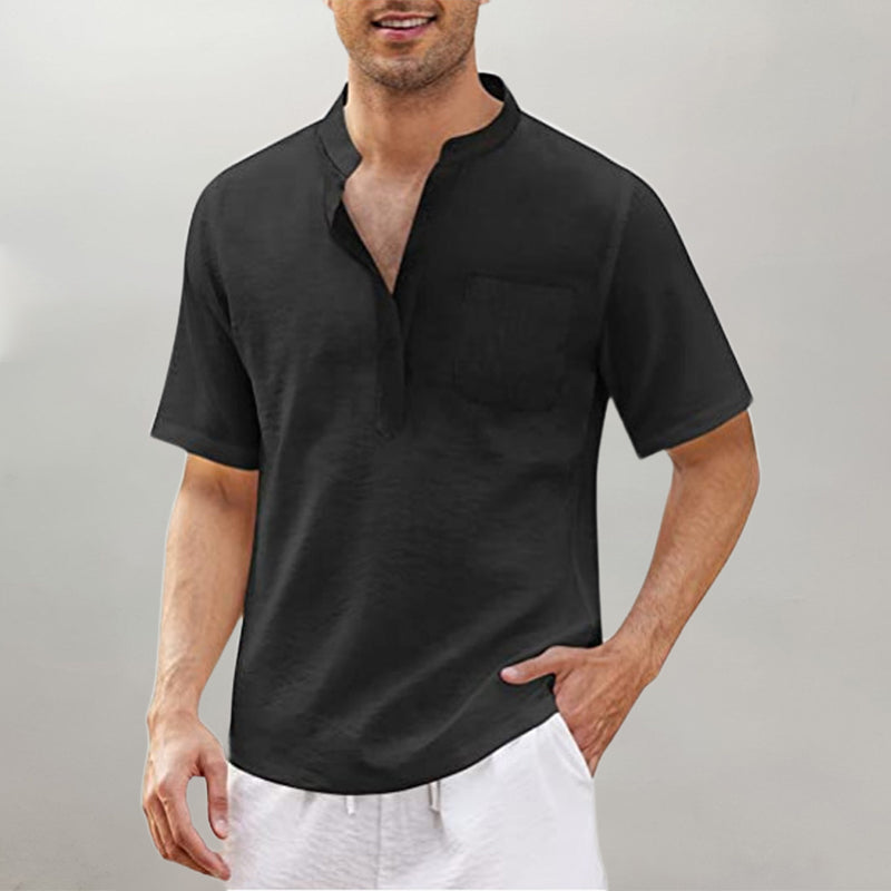 Camisa De Lino Y Algodón Para Hombre Camiseta Negra Con Cuello Levantado