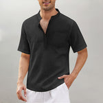 Cargar imagen en el visor de la galería, Camisa De Lino Y Algodón Para Hombre Camiseta Negra Con Cuello Levantado
